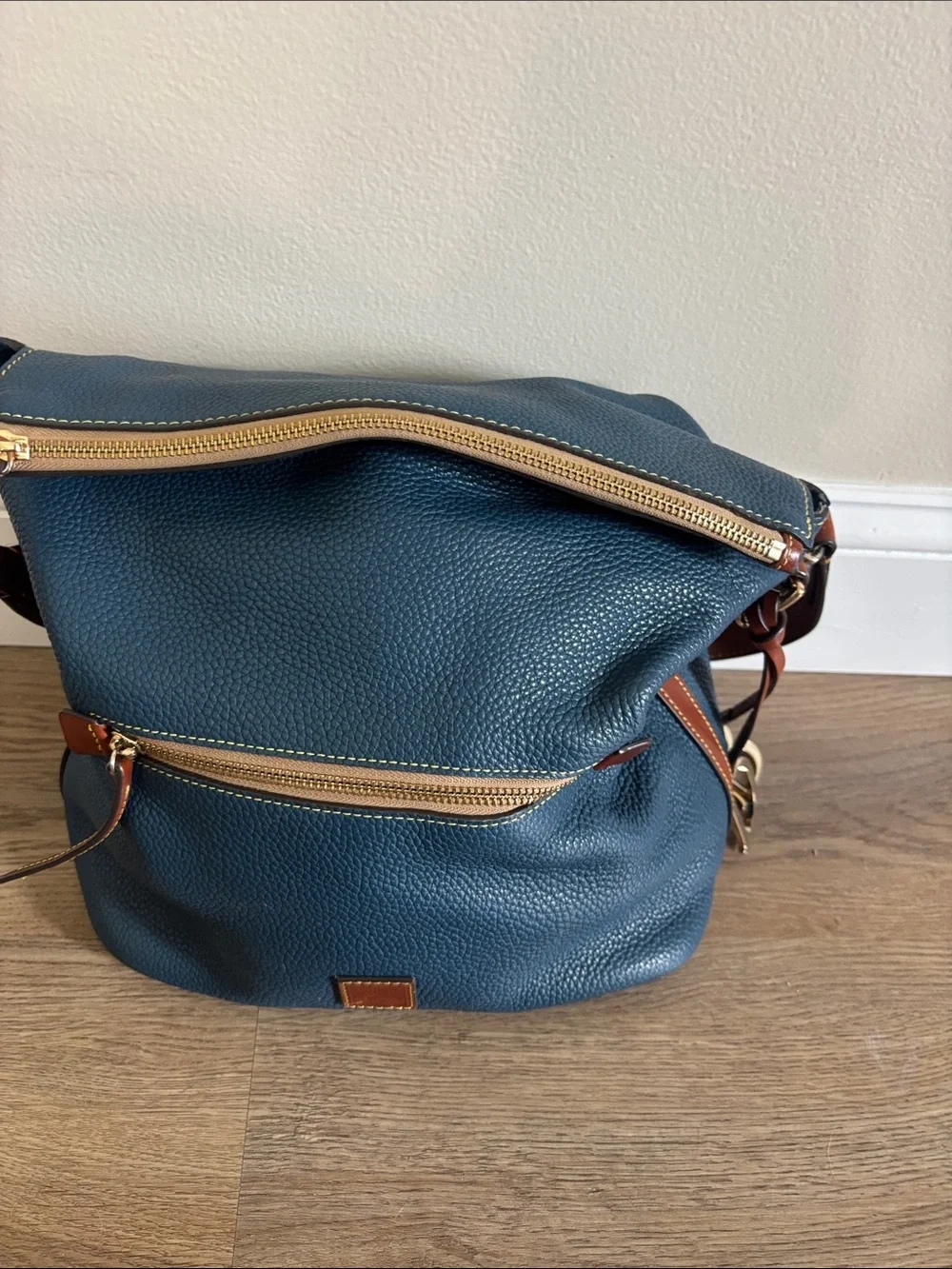 Dooney & Bourke Denim Blue Pebbled Leather Messenger with Brown Trim